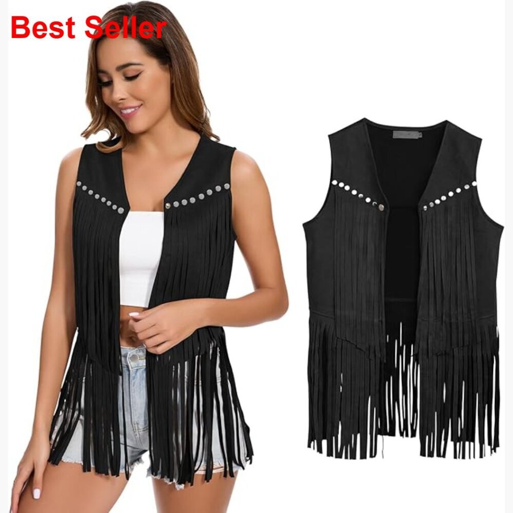 Faux Leather Fringe Vest Sleeveless Tassel Western Hippie Costume